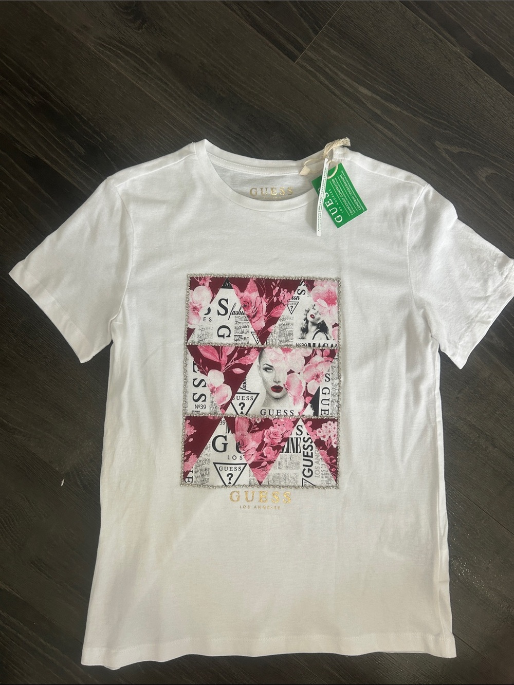 NWT Guess Los Angeles Rhinestone Floral Rhinestone Graphic Tee / Size S